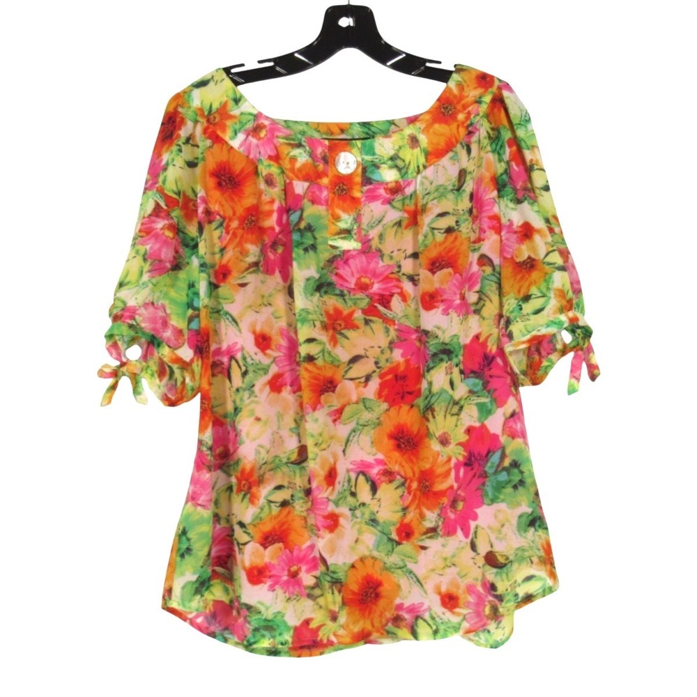 SARA MICHELLE Bright FLORAL Lined CHIFFON Faux Button TIE CUFFS Blouse/Top Sz 1X